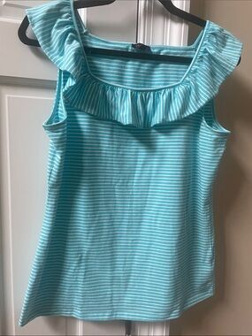 Talbots Aqua and White Striped Ruffle Neck Tank M